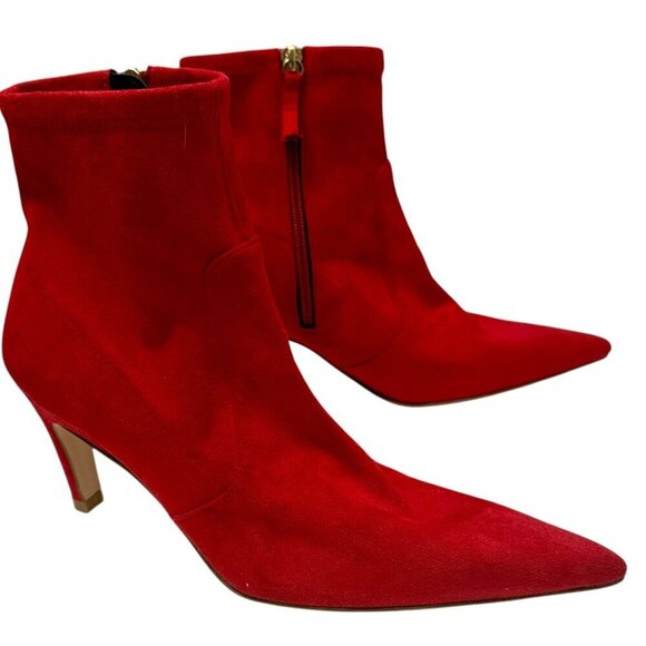 GOOD AMERICAN Red Boots Size 6 Faux Suede Ankle Heel Pointy Booties - Picture 5 of 13